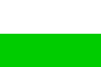 Bandera de Cabezón de Liébana: la mitad blanca representa las cumbres nevadas; la verde, los bosques, montes y prados del municipio